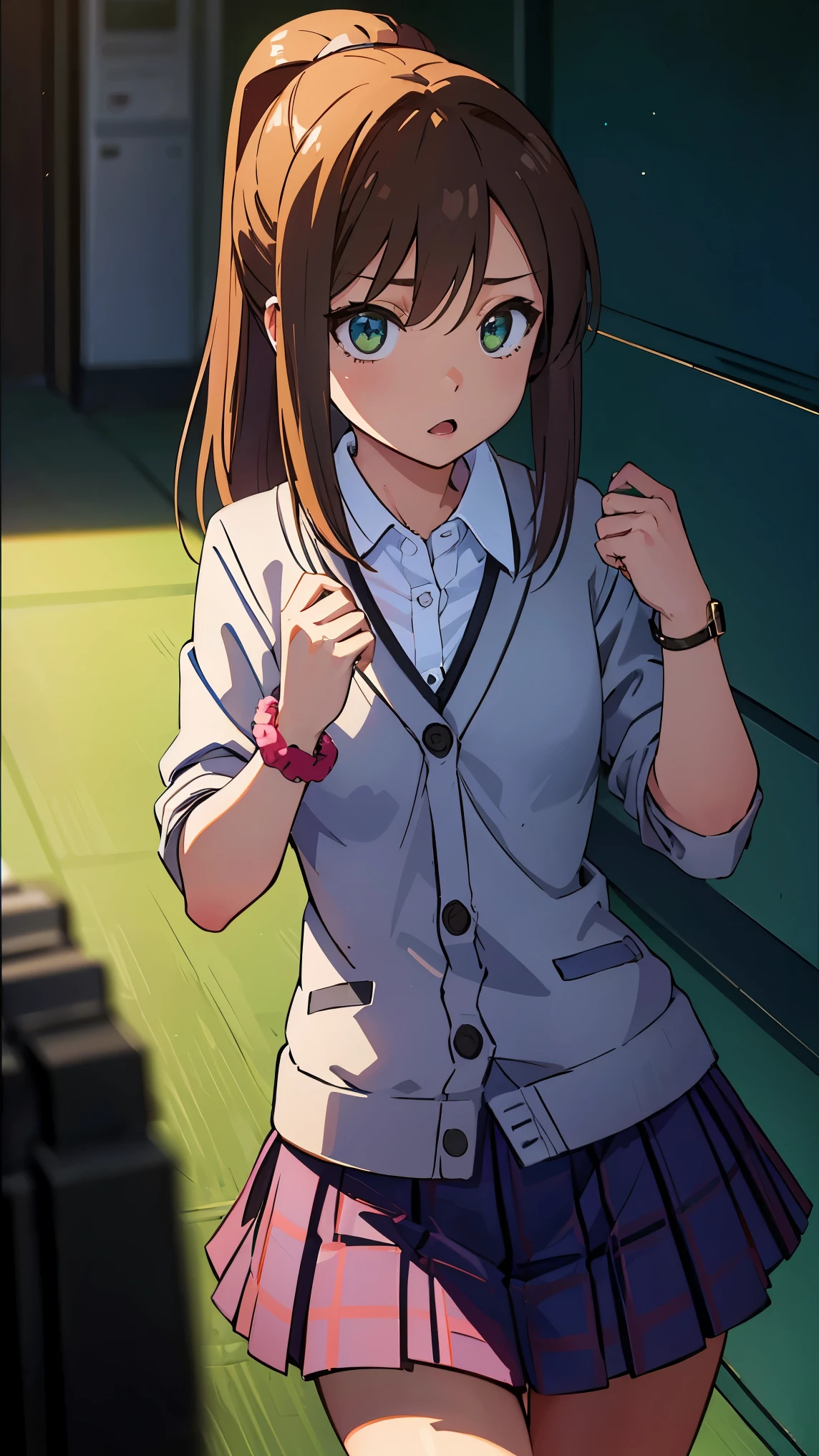 an1, brown eyes, ponytail, 
BREAK (collared shirt, grey cardigan, plaid skirt, green skirt:1.2),
BREAK gym, wrist bands, punching bag, fists, looking at you,
BREAK (masterpiece:1.2), best quality, high resolution, unity 8k wallpaper, (illustration:0.8), (beautiful detailed eyes:1.6), extremely detailed face, perfect lighting, extremely detailed CG, (perfect hands, perfect anatomy),