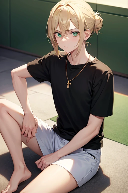 Anime boy, neutral expression, with blonde hair tied up in a bun, green eyes, black T-shirt, blue skinny jeans, gold cross necklace,
sitting on floor