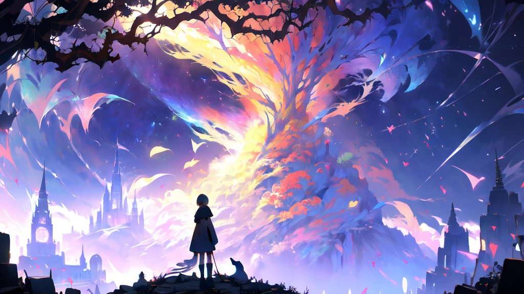-1girl, tree, scenery, solo, outdoors, long hair, standing, cat, silhouette, fantasy, sky, colorful, from behind, dress,coloured glaze,