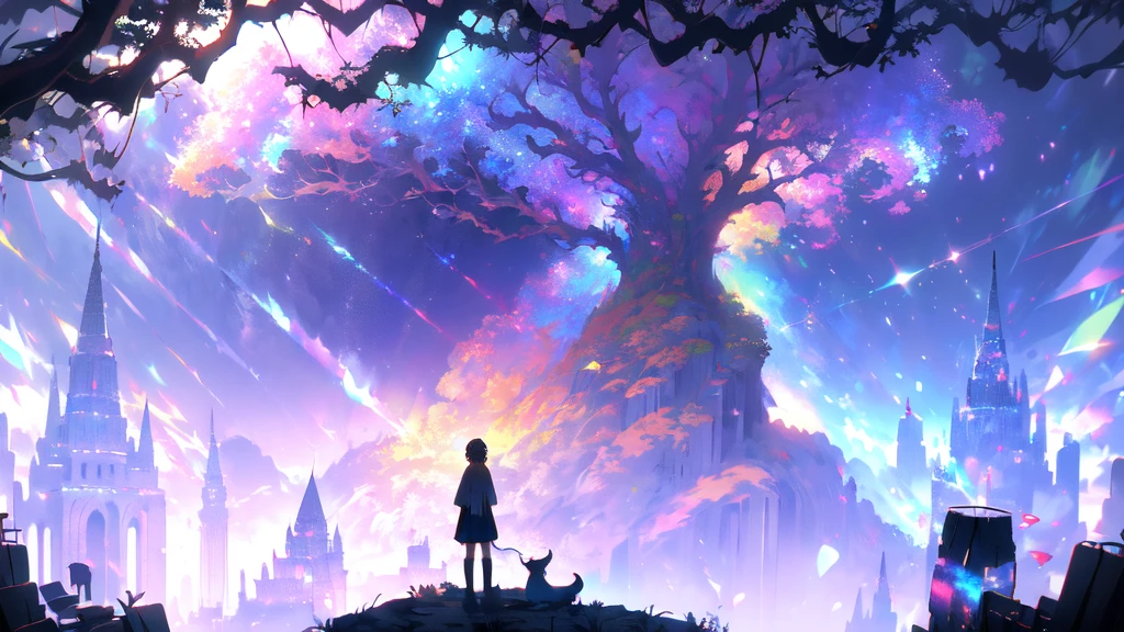 -1girl, tree, scenery, solo, outdoors, long hair, standing, cat, silhouette, fantasy, sky, colorful, from behind, dress,coloured glaze,