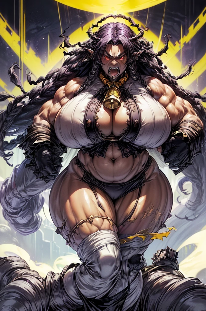 (High resolution, Pixels are perfect, luxurious illustration), (hyper quality, masutepiece, Ethereal: 1.4),(Solo:1.4), Black Dreadlocks, ((Long Dreadkocks)), (Yellow eyes), ((angry)), pale purple skin, Elf, (((((((Bulky))))))), ((thick thighs)), ((Huge breasts)), (((Woman))), ((((A MILF)))), (Black Mink Cloak), (((wide hips))), ((greybackground)), (Shiny skin), ((Overexposure))