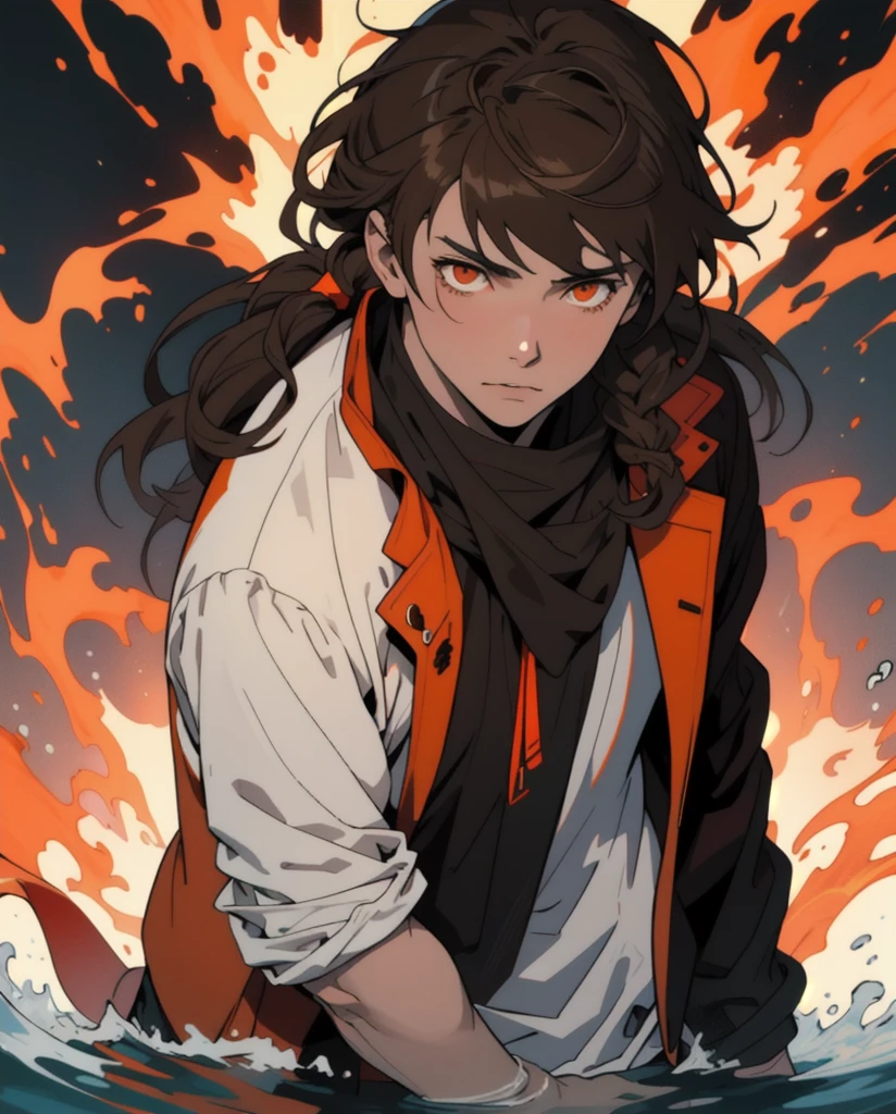 Masterpiece, Best quality, high quality, 1 man, 20 years old, One, athletic body and white skin, male focus, Looking at the viewer, upper body, long brown hair (tied hair) and long bangs, orange eyes, black closed coat with blood drops, fire and water mania around it