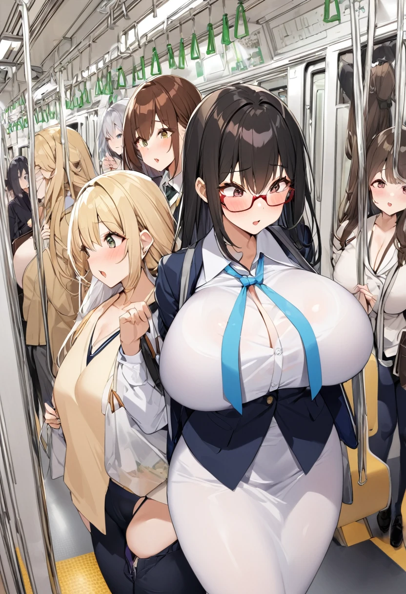 Several women、During commute、Women-only vehicle、Inside a Japanese train、(Huge breasts:1.2、sagging breast:1.2)、Brown Hair、Blonde、Black Hair、Silver Hair、Gal、high 、OL、