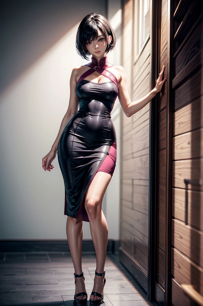 masterpiece, best quality, distinct image, 1 girl, 16 year old teenager, Asymmetrical knee length Chinese styled dress, solo. sharp facial features, oval shaped face, cherry pink lip, lightly tanned white skin, velvet-colored eyes, tall height(175cm), slim yet chiseled body-type, dark violet-black hair, short pixie cut hairstyle, long and slender legs, curvy wide hips stretching the dress, full body image,
