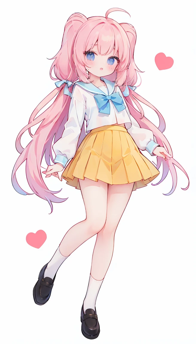 masterpiece, best quality, high resolution, aabeta, double, white simple background, standing, slim waist, cute, sailor uniform, pink bow tie, yellow skirt, long socks, (PastelColors: 1.3), full body