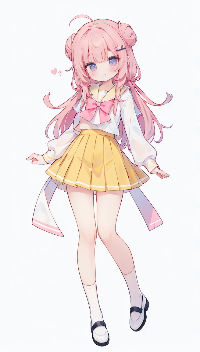 masterpiece, best quality, high resolution, aabeta, double, white simple background, standing, slim waist, cute, sailor uniform, pink bow tie, yellow skirt, long socks, (PastelColors: 1.3), full body