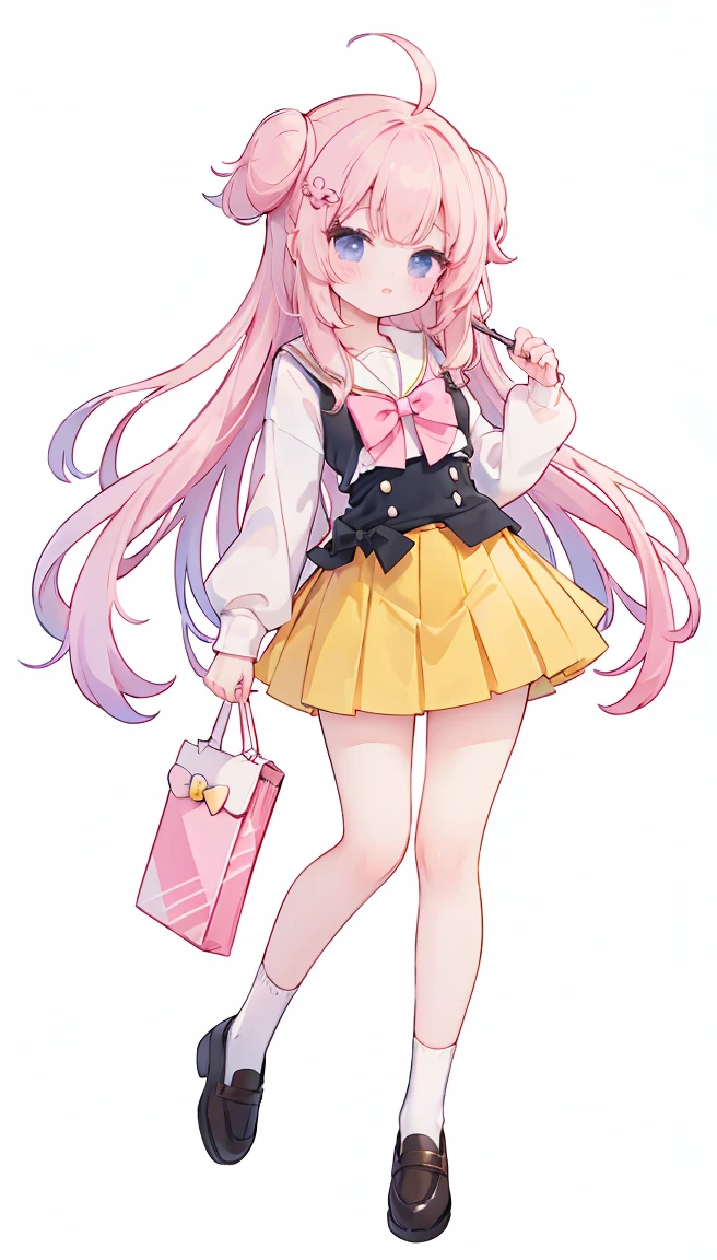 masterpiece, best quality, high resolution, aabeta, double, white simple background, standing, slim waist, cute, sailor uniform, pink bow tie, yellow skirt, long socks, (PastelColors: 1.3), full body