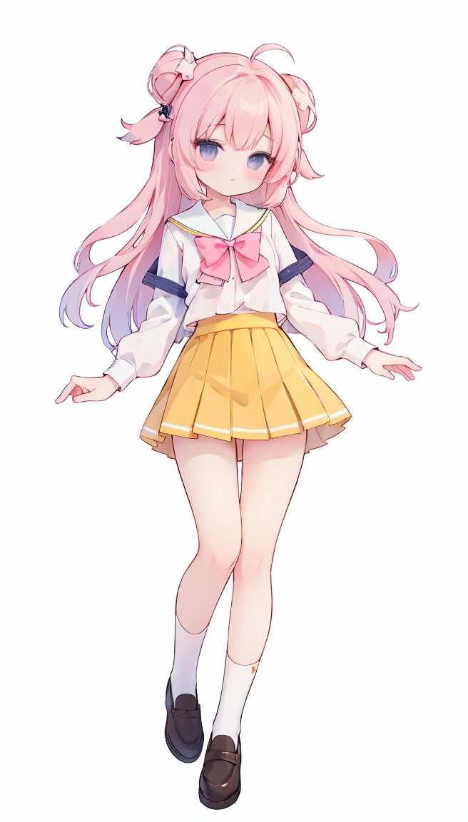 masterpiece, best quality, high resolution, white simple background, standing, slim waist, cute, sailor uniform, pink bow tie, yellow skirt, knee high long socks, (Pastel Colors: 1.3), full body