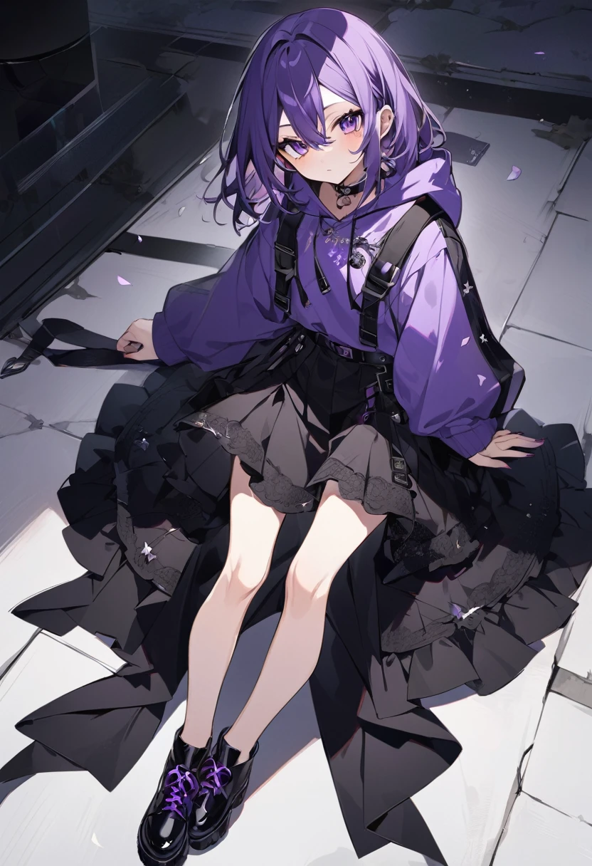 Keito。Purple Eyes。Purple Hair。Purple hoodie。Black Skirt。Black shoes下。Black shoes