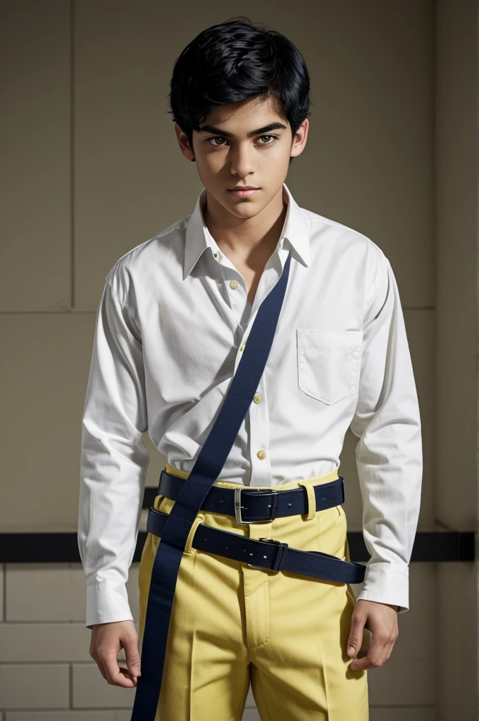 an average looking boy with seemingly small black pupils compared to the other characters, black hair and thin eyebrows. for the school, He wears a white button-down shirt that covers his green-white shirt with a white belt and navy blue pants.. He also wears a black shirt with yellow buttons and black pants for winter..