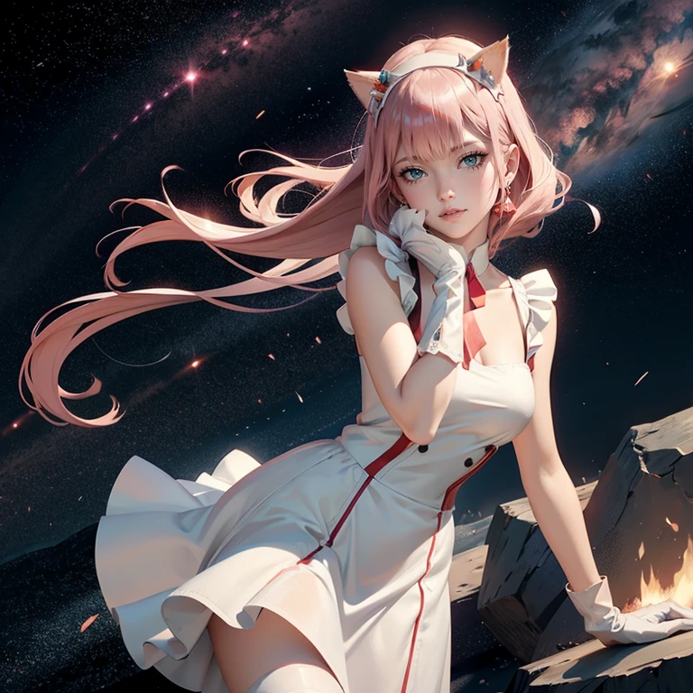 1girl, white maid dress, jewelry, pink hair, two red horns, flowing hair, long hair, maid dress with a short skirt and layers, white laces, white boots, white dress with transparency, gold details on her clothes, cat ears, animal ears,  more details, perfectly body, perfectly hands, two hands, two legs, two arms, five fingers, glowing hair, best quality, cat ears, animal ears, tail ornament, tail bow, white gloves, two cat tail, white gloves, alone, maid headdress, choker, detached sleeves, maid dress, maid white dress, strapless, masterpeice, best quality, detailed face, night, asymmetrical gloves, bangs, white short skirt , white gloves, white boots, earrings, elbow gloves, fishnet thighhighs, fishmasterpeice, solo, best quality, detailed face, gloves, hair between eyes, jewelry, long hair, looking at viewer, single earring, sky, sleeveless, solo, thigh boots, thighhighs, tongue, tongue out, uneven gloves, cat ears, animal ears, cat tail, , solo, alone, Looking at the viewer, More details on the clothes, magenta roses on her hair, space scenery, maid, maid dress, magenta details, magenta roses, maid headdress, maid apron, wave hair, long hair, seat on the Saturn rings, bats details on her clothes, more details on her clothes, gold details on her clothes, space, smiling, standing her hand to a viewer, looking at the viewer, in the background a several asteroids glowing with fiery auras, Dramatic lighting from distant stars and planets illuminates the scene, looking at the vast and mysterious universe, cowboy shot, upper body portrait, more details, sparkle,