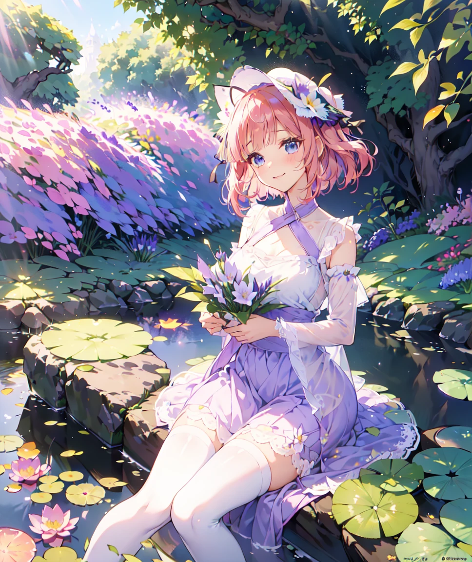 Nino nakano, dressed as sweetie belle from my little pony, solo, 1 girl, in a mythical garden: 2.0, (pink hair, coil curls: 2.5, dark blue heavenly eyes: 1.5, wearing a green and white dress, happy: 1.5, soft smile, her surroundings are ethereal, ((ultra realistic high quality top quality 4k)), one white thin really thin unicorn horn in her forehead: 3.0, bright sunny day: 1.urple and green flowers everywhere: 3.2, bushes, POND WITH LILY PADS: 3.0, jacaranda trees: 2.0, highly detailed jacaranda trees, green grass: 1.3, wearing a white summer hat with purple ribbon, summer dress with flower patterns, dainty features: 2.0,  like features: 2.0 two white cat ears: 1.0, ONE WHITE THIN THIN REALLY THIN HORN ON HER FOREHEAD, two white cat ears, pure white skin, green thigh high, highly detailed legging, purple heel, shiny hair, slightly shiny skin, sun rise, morning, shining ponds, lavender flower everywhere, shining eyes, soft gentle smile cute pink soft light blush,