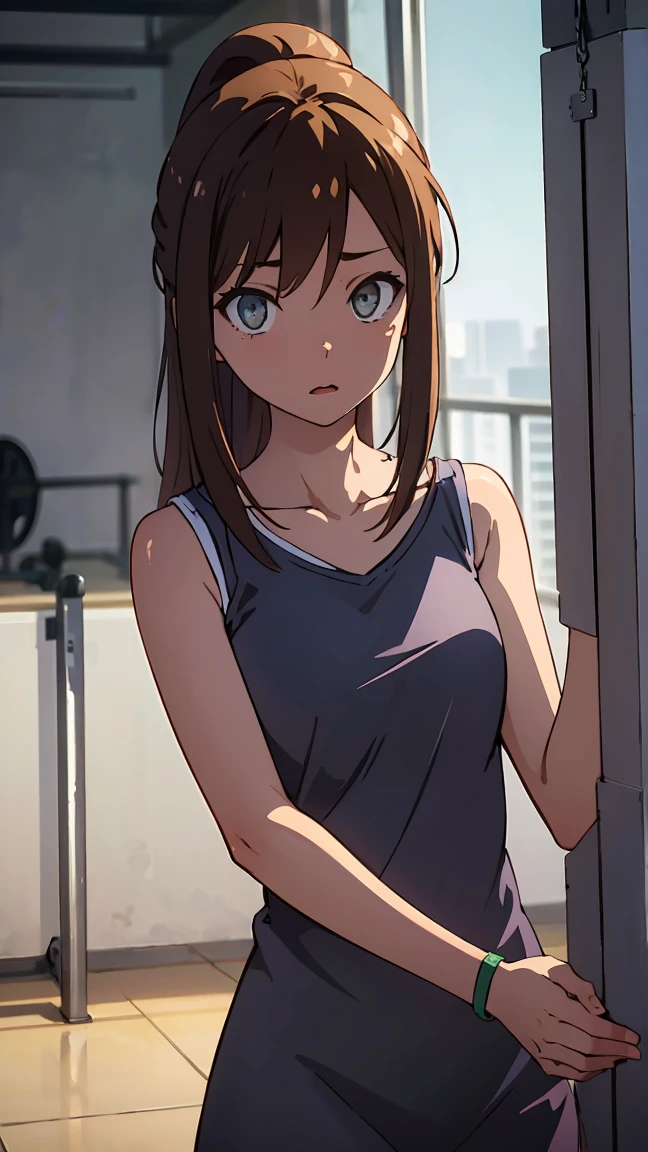 an1, brown eyes, ponytail, 
BREAK (bare_shoulders,collarbone,sleeveless,Grey_dress:1.2),
BREAK gym, wrist bands, punching bag, fists, looking at you,
BREAK (masterpiece:1.2), best quality, high resolution, unity 8k wallpaper, (illustration:0.8), (beautiful detailed eyes:1.6), extremely detailed face, perfect lighting, extremely detailed CG, (perfect hands, perfect anatomy),