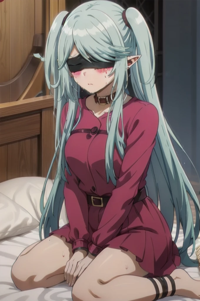 dark blue hair,,long hair,purple eyes,pointy ears,elf,tall,red dress suit,bondage,tied up,bound,tied wrist,tied legs,(((blindfold))),blush,wet,sweat,rope.collar,leash,on the bed