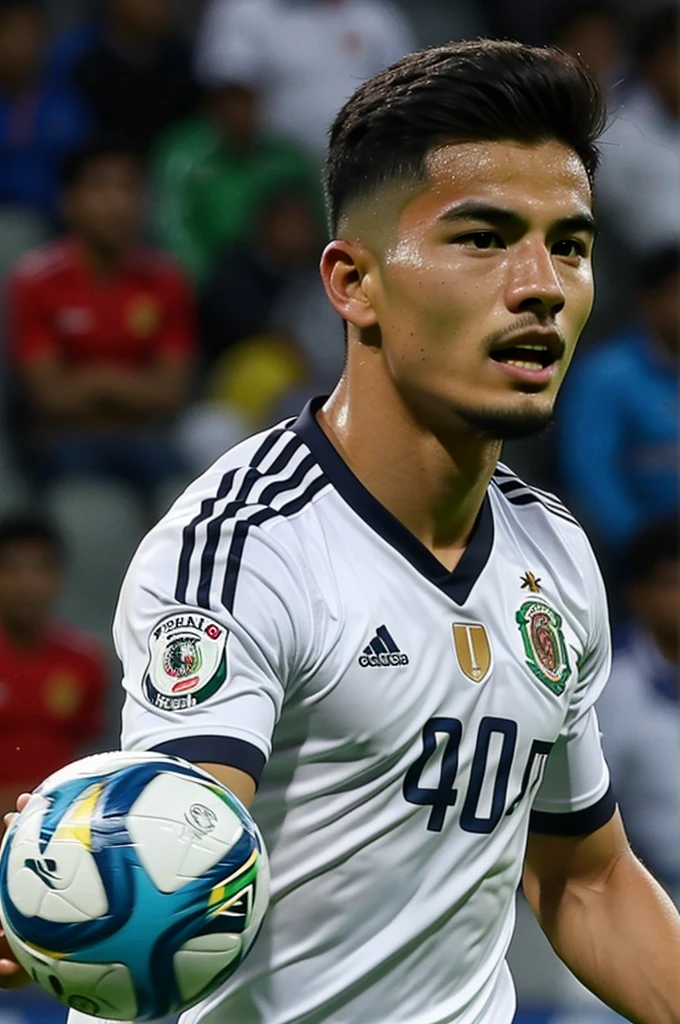 A 22-year-old Mexican soccer player, with chinese hair, and white skin 