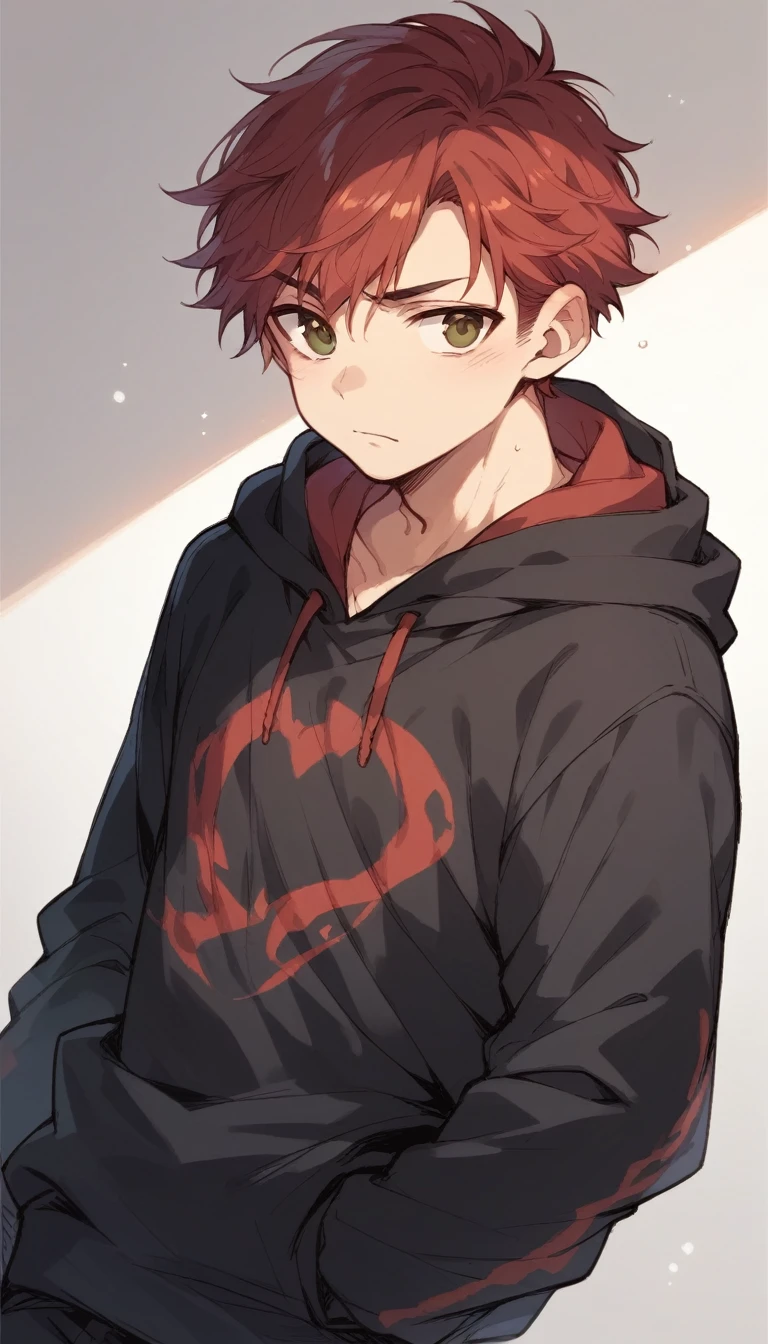male character, red hair, hair a little long, Brown eyes, dressed in a black sweatshirt and only visible from the torso up
