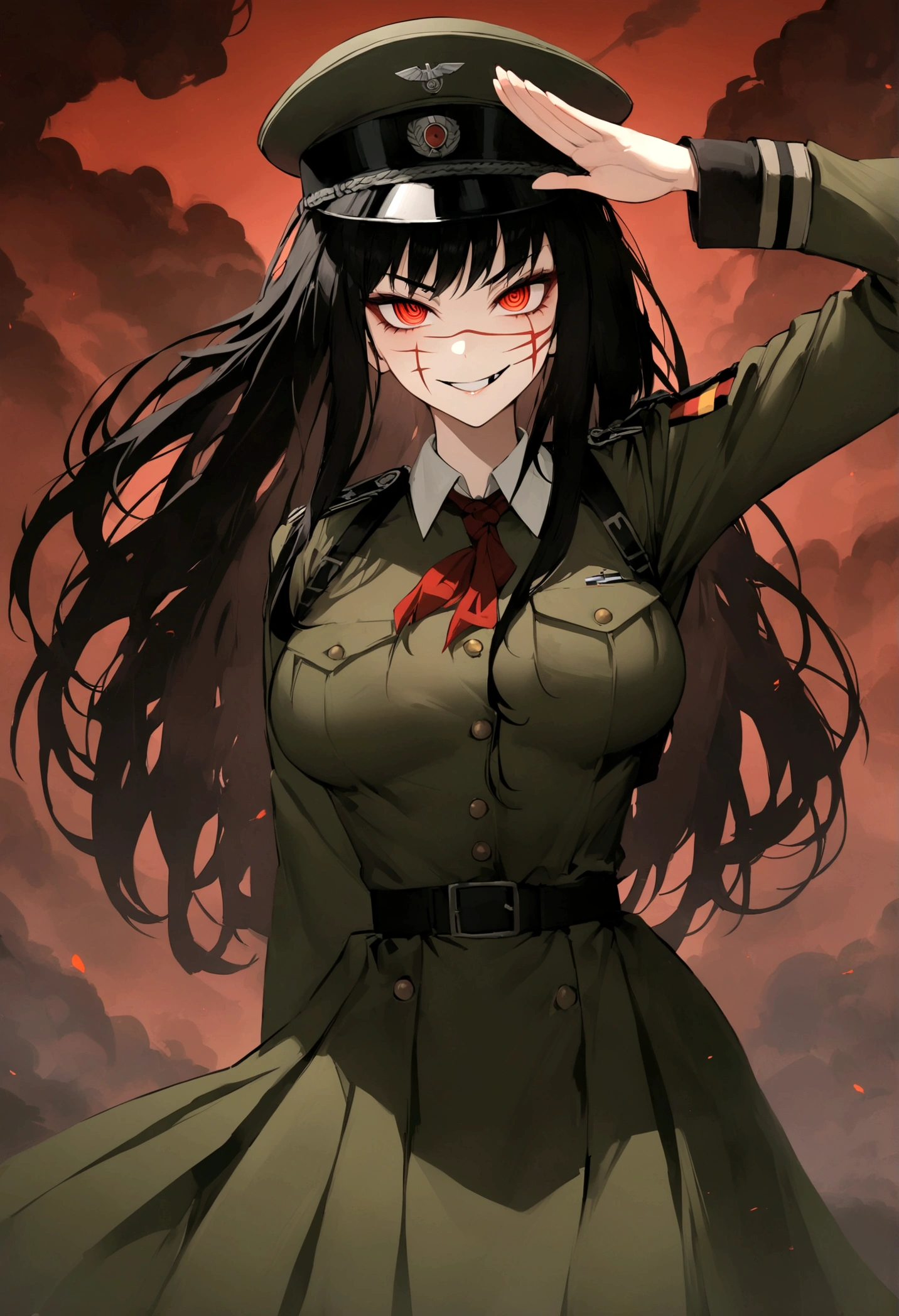 Girl, Yoru, WWII German military uniform, evil smile, piercing red eyes, ringed eyes, open jacket ,large breast, military hat, military salute, fullbody shot