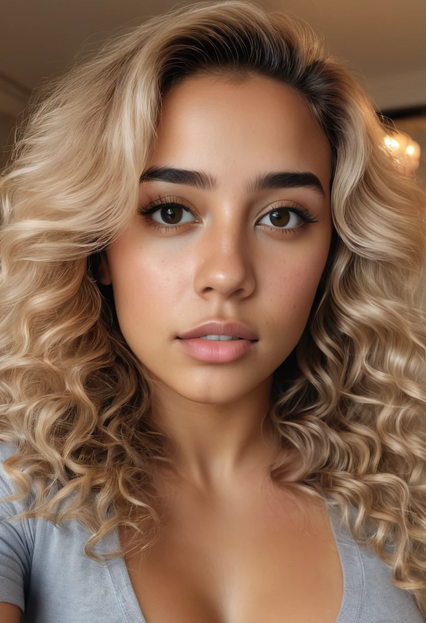 A realistic selfie of young 20 year old rich intimidating female with curly honey blonde hair brown skin and intense eyes inside a nice mansion 