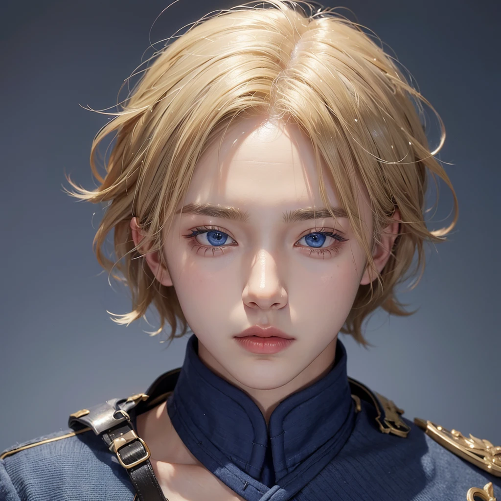 male young man, V of BTS, short and blonde hair, blue eyes, soft face, big lips 