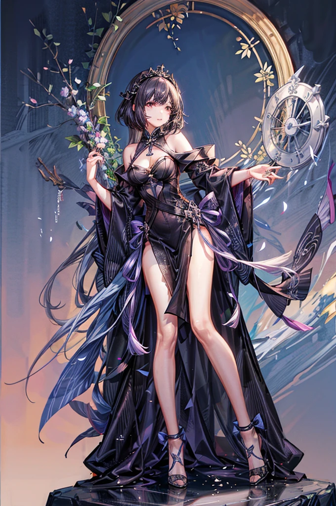 masterpiece, best quality, distinct image, 1 girl, 16 year old ager, Asymmetrical knee length Chinese styled dress, solo. sharp facial features, oval shaped face, cherry pink lip, lightly tanned white skin, velvet-colored eyes, tall height(175cm), slim yet chiseled body-type, dark violet-black hair, short pixie cut hairstyle, long and slender legs, curvy wide hips stretching the dress, full body image,