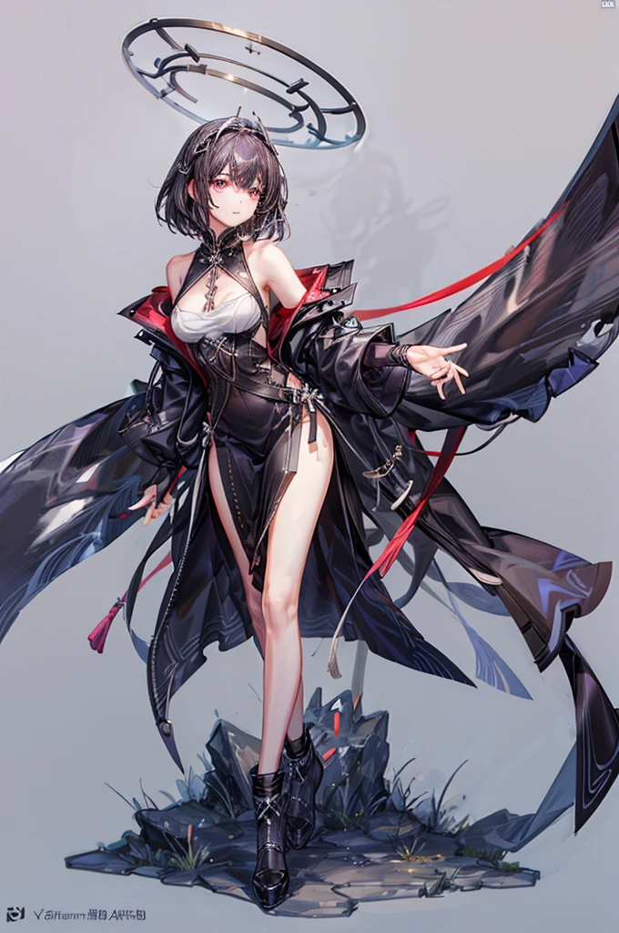 masterpiece, best quality, distinct image, 1 girl, 16 year old teenager, Asymmetrical knee length Chinese styled dress, solo. sharp facial features, oval shaped face, cherry pink lip, lightly tanned white skin, velvet-colored eyes, tall height(175cm), slim yet chiseled body-type, dark violet-black hair, short pixie cut hairstyle, long and slender legs, curvy wide hips stretching the dress, full body image,