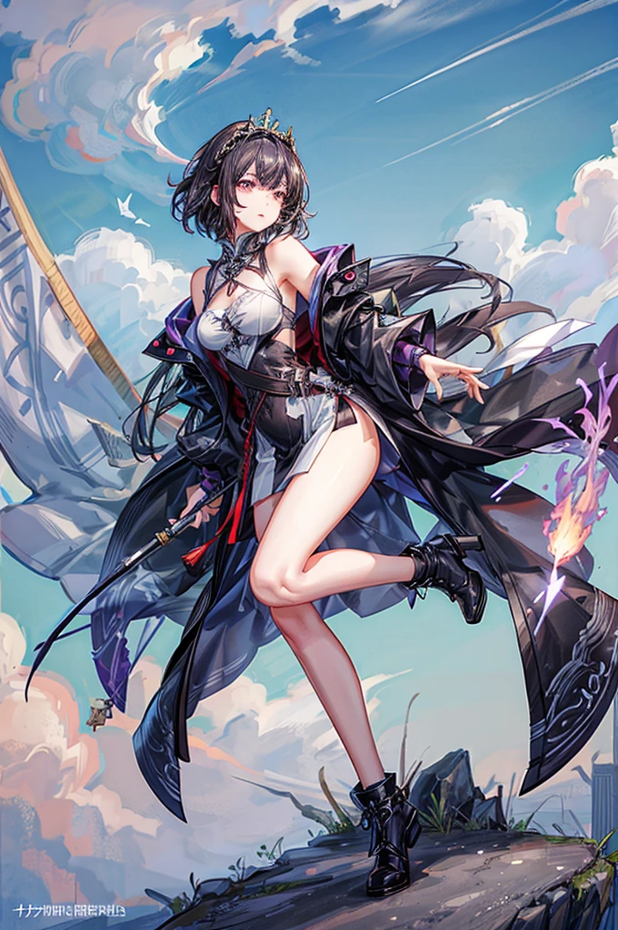masterpiece, best quality, distinct image, 1 girl, 16 year old teenager, Asymmetrical knee length Chinese styled dress, solo. sharp facial features, oval shaped face, cherry pink lip, lightly tanned white skin, velvet-colored eyes, tall height(175cm), slim yet chiseled body-type, dark violet-black hair, short pixie cut hairstyle, long and slender legs, curvy wide hips stretching the dress, full body image,