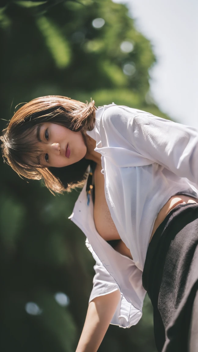 (((Low angle shooting、Looking into the camera:1.22,Leaning forward、Open shirt、No underwear)))、(((8k、highest quality、masterpiece、超A high resolution)))、(Realistic:1.4)、RAW Photos、(Real skin texture:1.3)、(Film Grain:1.3)、((Are standing、Skirt flutters in strong winds、Under the skirt、Do not bend your legs、Don'don't bend your knees、Spread your thighs、Beachside、))、One Girl、Beautiful and detailed eyes and face、masterpiece、highest quality、close、thin、Japanese Uniform、dynamic、barefoot、Mr.々A pose、