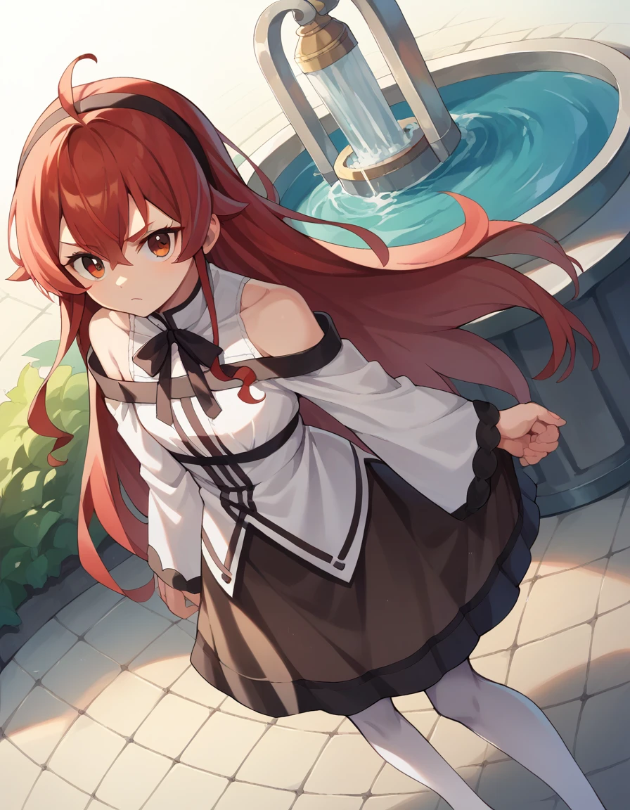 punctuation_9, punctuation_8_High above, punctuation_7_High above, fountain_アニメ,
erisgreyrat, you will turn gray, ahoge, hair between the eyes, long hair, Eyes red, Red hair, side locks,
black hair elastic, black cinta, brown overskirt, hair elastic, long sleeves, neck cinta, pantyhose, cinta, chemise, shoulder cutout, overskirt, white pantyhose, white chemise, wide sleeves,
plein-air, forst, naturey,
gazing at viewer, cowboy shot, dutch angle,