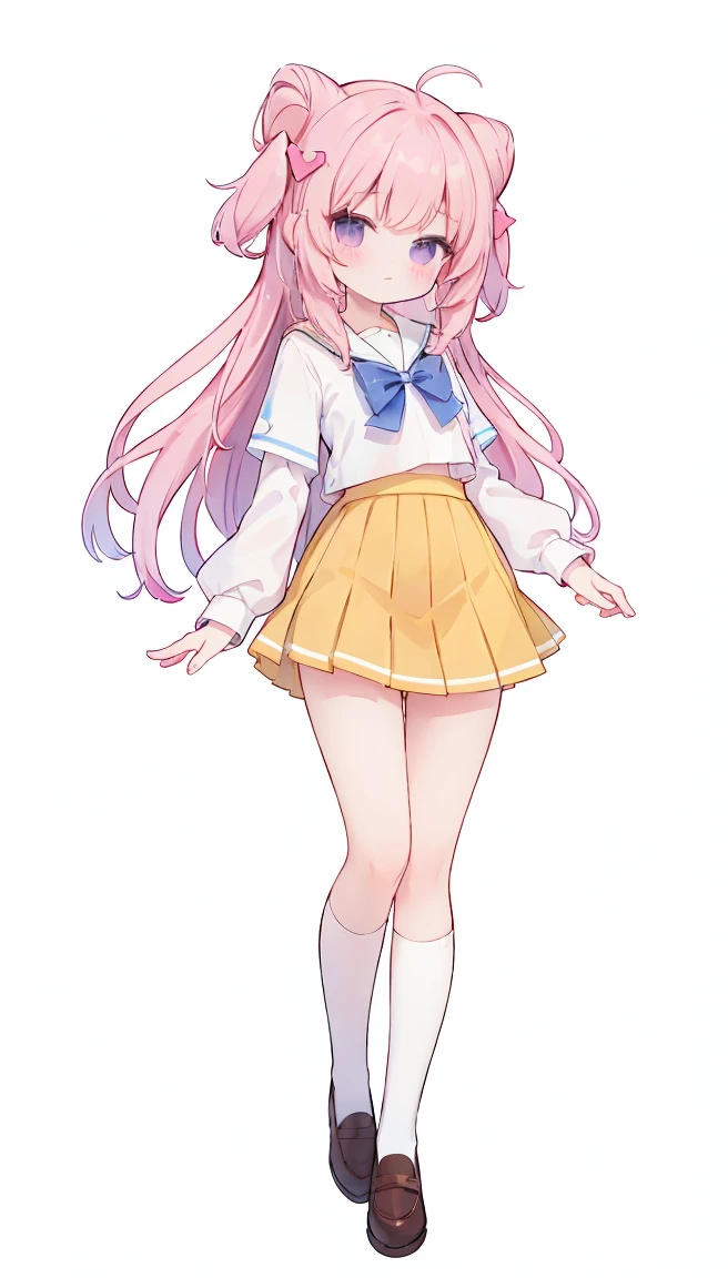 masterpiece, best quality, high resolution, aabeta, double, white simple background, standing, slim waist, cute, sailor uniform, pink bow tie, yellow skirt, kneehigh long socks, (PastelColors: 1.3), full body