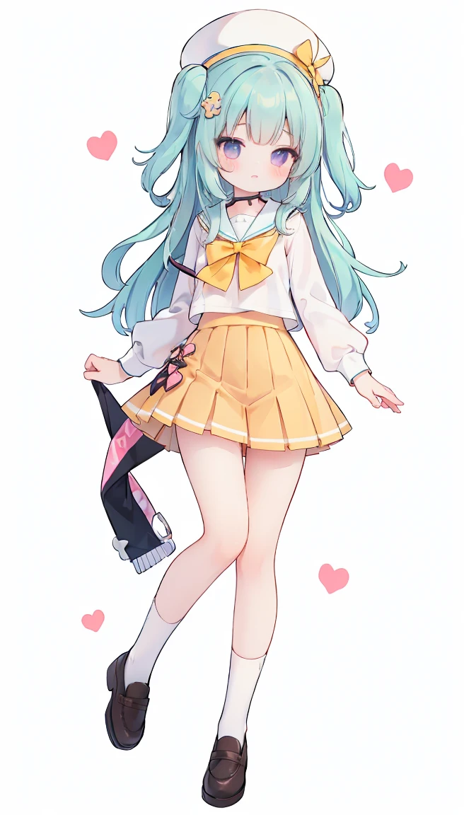 masterpiece, best quality, high resolution, aabeta, double, white simple background, standing, slim waist, cute, sailor uniform, pink bow tie, yellow skirt, kneehigh long socks, (PastelColors: 1.3), full body