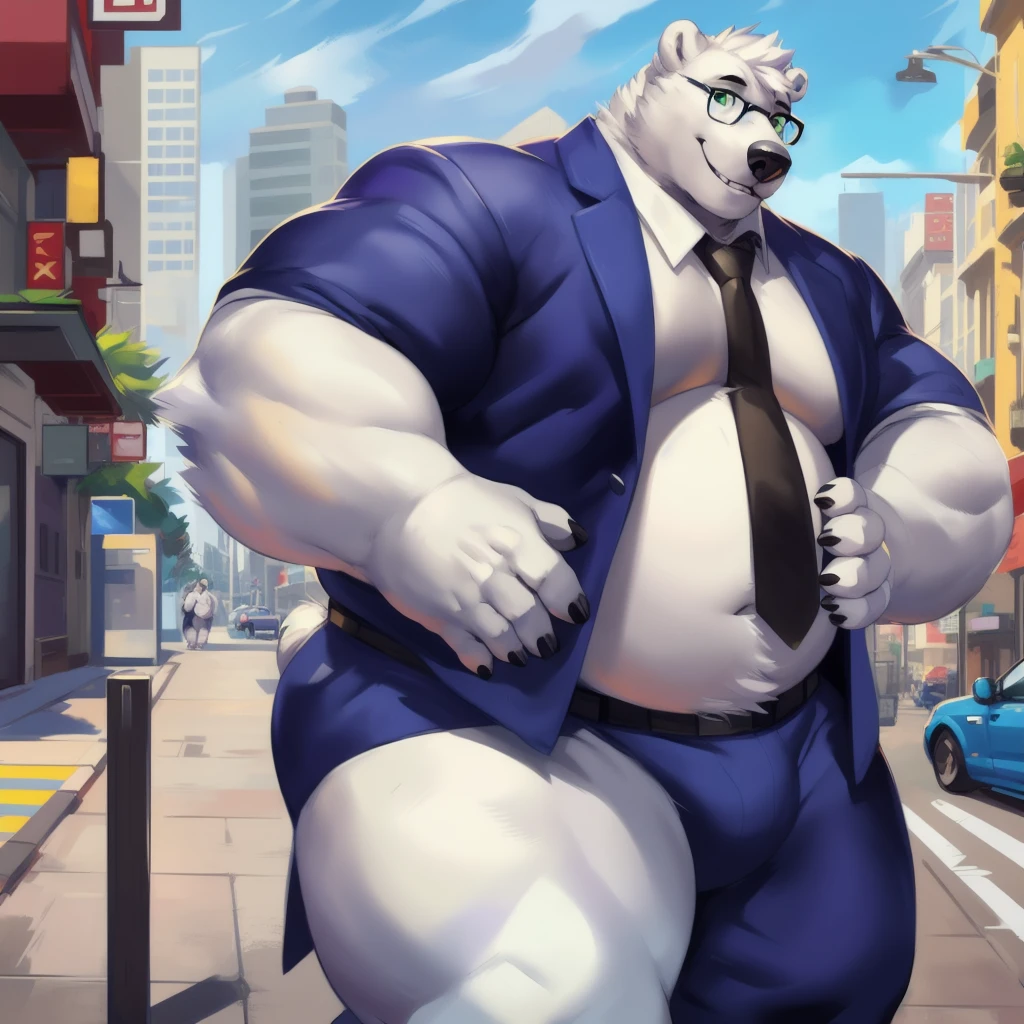 By mystikfox61, by glitter trap boy, by juiceps, by darkgem, solo, male, polar bear, white fur, green eyes, detailed eyes, detailed hands, muscular, overweight, musclegut, big biceps, smiling, glasses, wearing a full suit and tie, standing, street, outside, wonderful day out