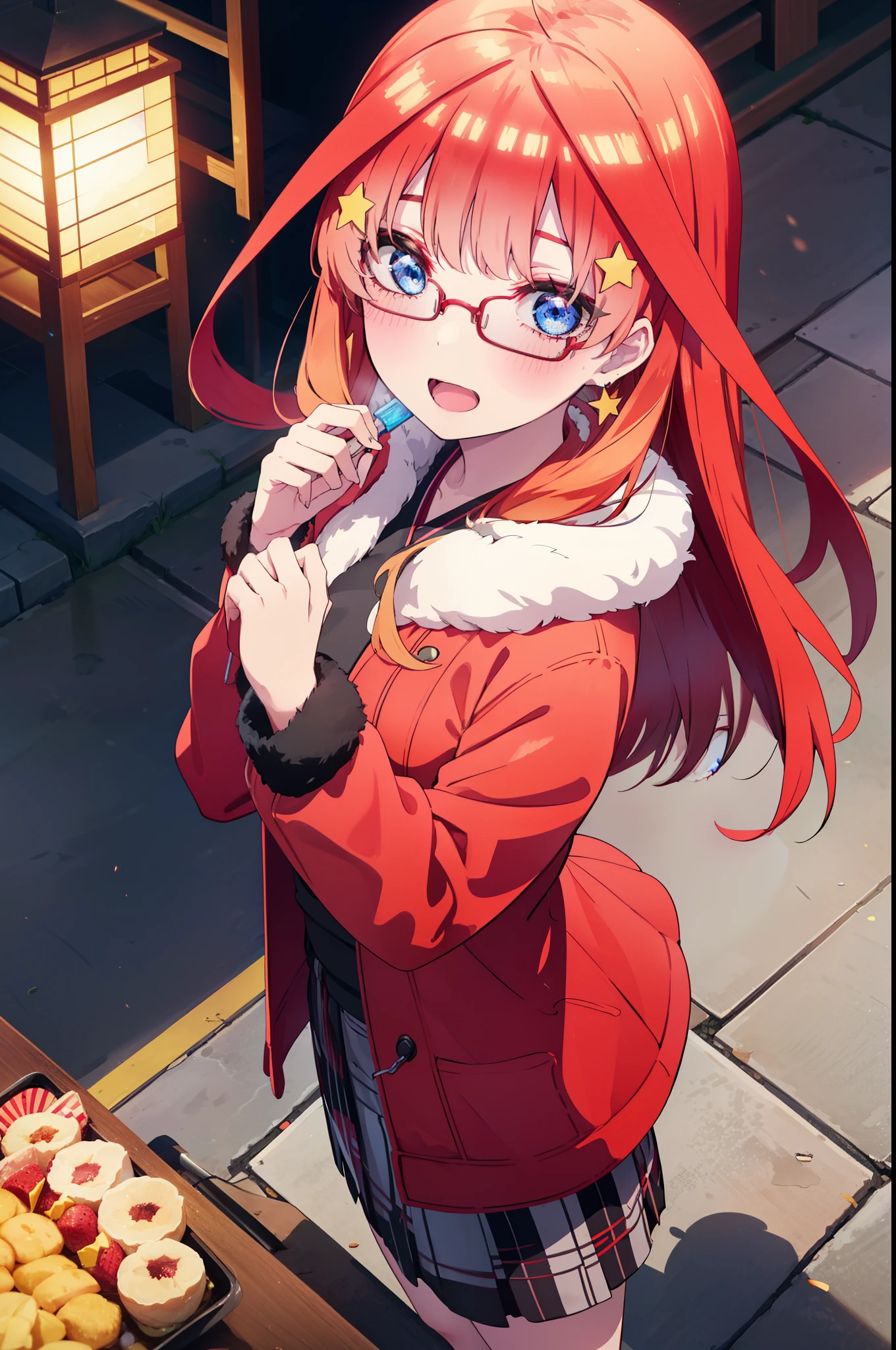 itsukinakano, itsuki nakano, bangs, blue eyes, Hair between the eyes, Ahoge, Redhead, star \(symbol\), hair ornaments, star hair ornaments,Akagi Glasses,smile,blush,Fun atmosphere,Open your mouth,Long Hair,Tie your hair back,Red jacket, (Checked fur jacket: 1.2), Checked skirt, High heels, necklace, Handbags, Earrings,,night空の花火,Fireworks display,Japanese Festivals,Summer festival food stalls,Red Lantern, night,whole bodyがイラストに入るように,Looking down from above,
break outdoors, shrine,                                              break looking at viewer,whole body,
break (masterpiece:1.2), Highest quality, High resolution, unity 8k wallpaper, (shape:0.8), (Beautiful and beautiful eyes:1.6), Highly detailed face, Perfect lighting, Extremely detailed CG, (Perfect hands, Perfect Anatomy),