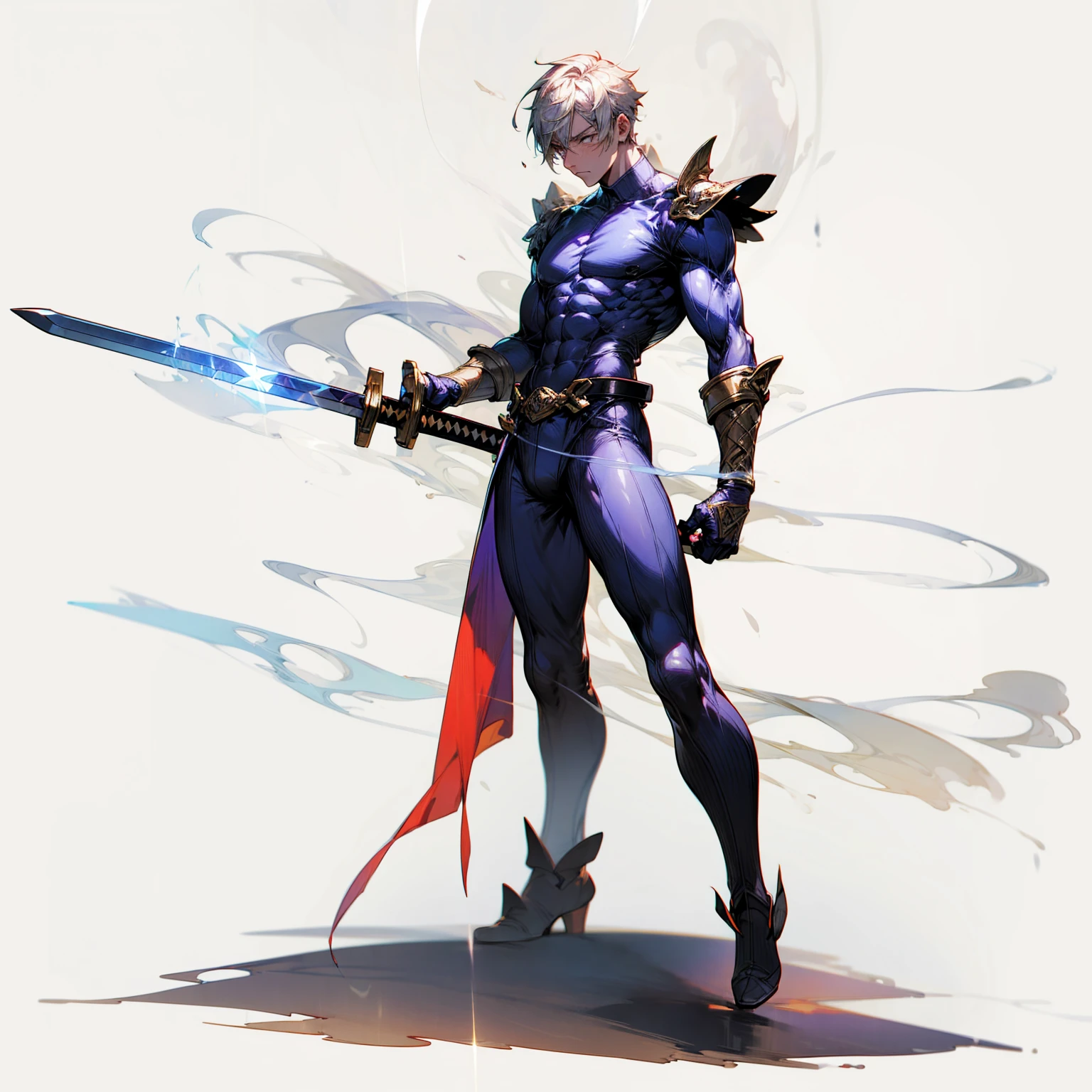 Ultra detailed, full background, Full body version, motion blur, plasma, lens blur, overlay color, overlay blending, lighten blending, chromatic aberration, hd, ultra hd, (male adult), (boy), big muscle, long sword, lighting sword, smoke, fire sword, lighting gold sword