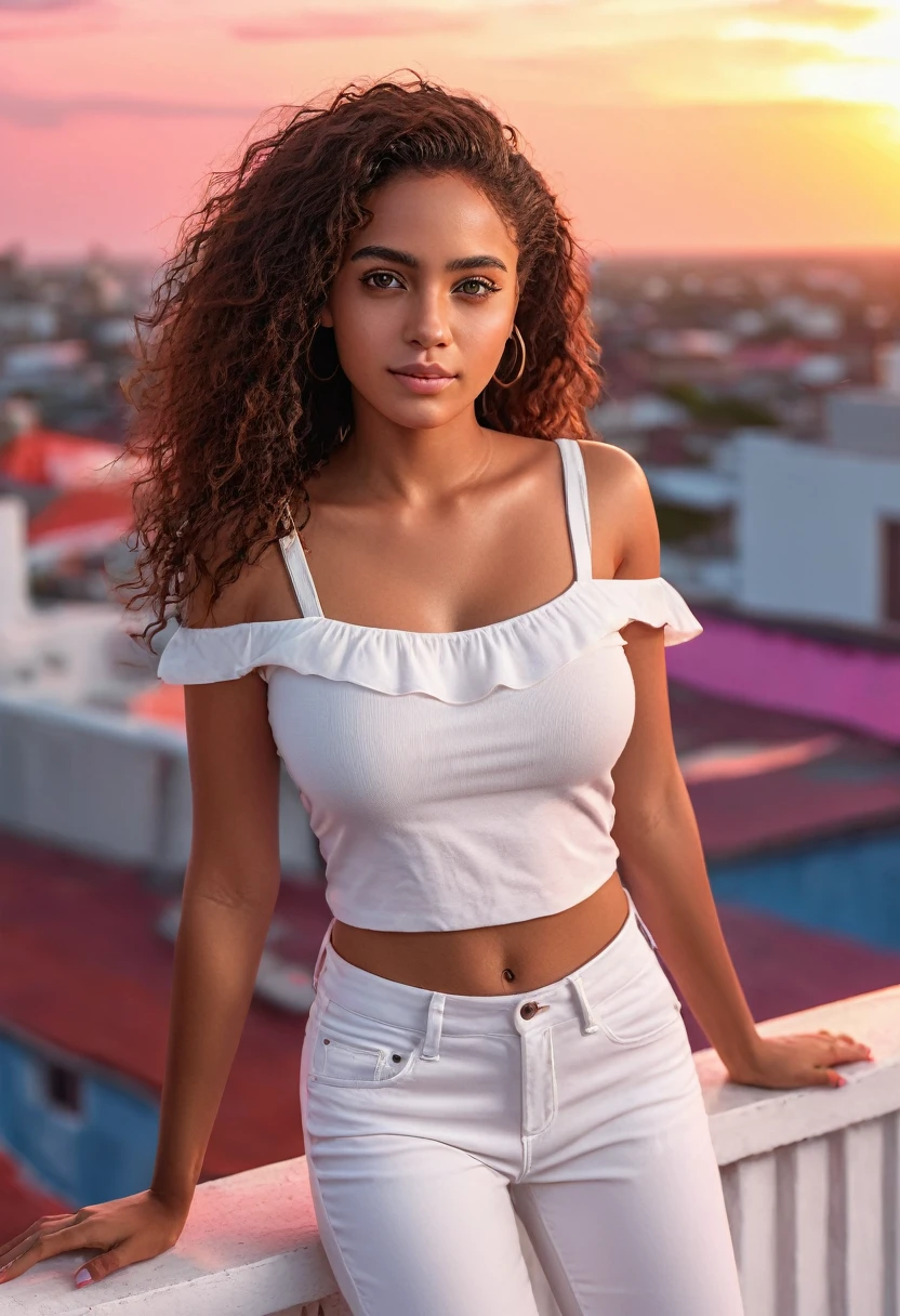 a beautiful mixed caribbean girl, extremely detailed full body, beautiful detailed eyes, extremely detailed hands and face, fit girl, rooftop, pink sunset, white top, white pants, vibrant colors, natural lighting, (best quality,4k,8k,highres,masterpiece:1.2),ultra-detailed,(realistic,photorealistic,photo-realistic:1.37),portrait,landscape