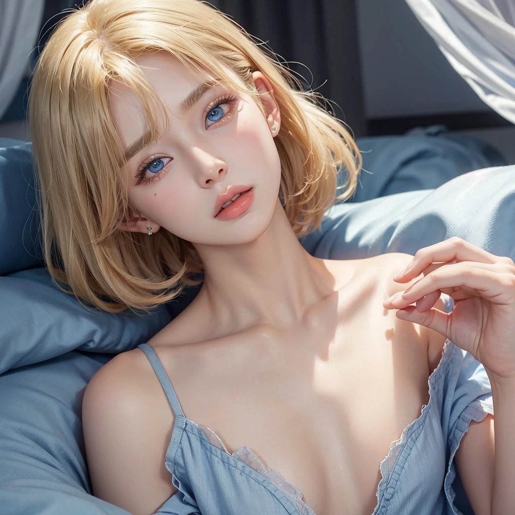 male young man, V of BTS, short hair and blonde hair, blue eyes, soft face, big lips