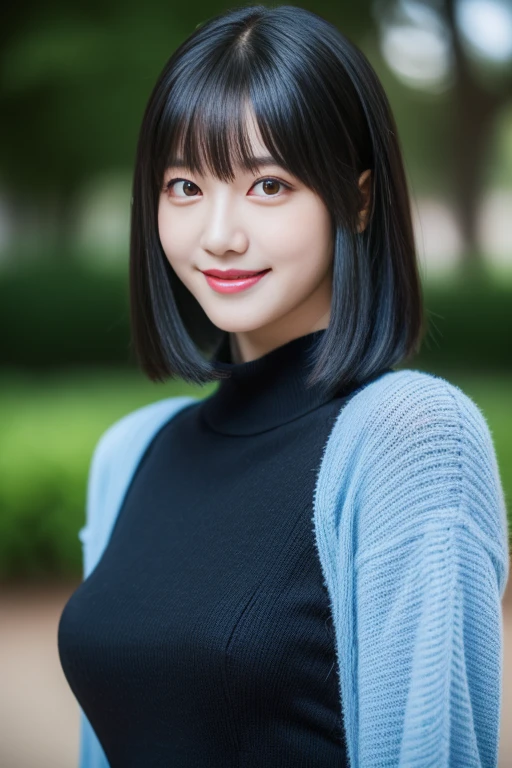 (a girl in a night park, beautiful detailed eyes, beautiful detailed lips, extremely detailed eyes and face, long eyelashes, delicate facial features, detailed clothing features, lifelike, best quality, ultra high resolution, 8K resolution, high dynamic range, focus only, bangs, skin firming, slim girl, fantastic, Japanese, ultra-detailed illustrations, landscape, no characters, medium chest, straight hair, short hair, black hair, black eyes, whole body, fish pendant, light blue tight sweater, lovely, sexy, smile)