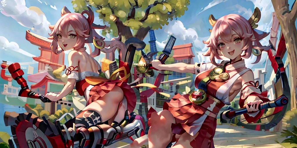 Yae miko, extremely happy, cheerful, wearing shrine maiden outfit, looking at viewer, no underwear, large breasts showing, dildo on a bike