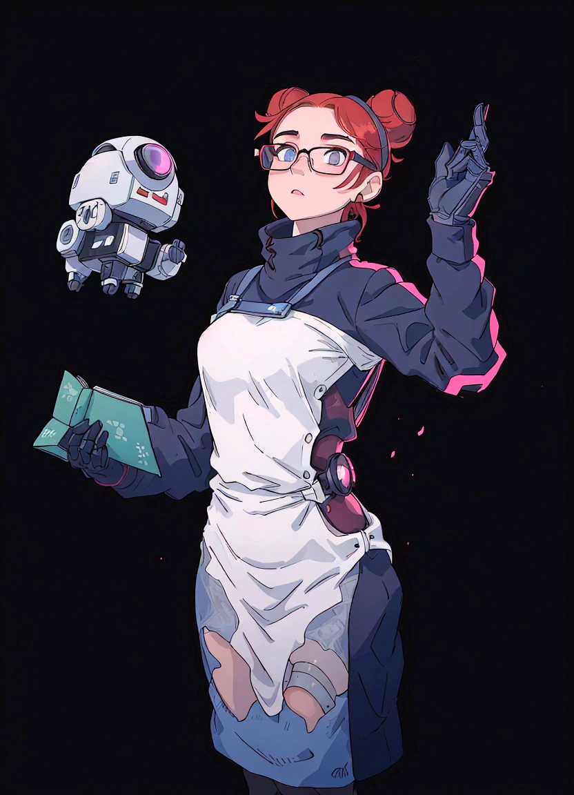 In the center of a black void, a young woman with vibrant red hair styled in large buns and wearing glasses stands confidently. Her outfit is a mix of futuristic and casual, with a white dress contrasting with her blue gloves. A pink headband adds a pop of color to her ensemble. She holds a small robot in one hand and a book in the other, suggesting she might be an inventor or a technology student. Their gaze is directed toward something outside the frame, perhaps indicating anticipation or concentration on a task at hand.