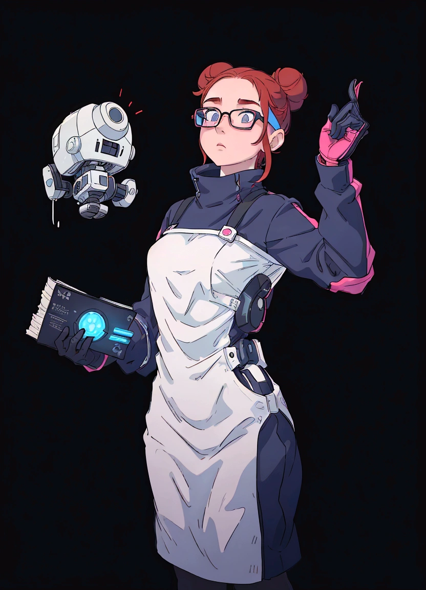 In the center of a black void, a young woman with vibrant red hair styled in large buns and wearing glasses stands confidently. Her outfit is a mix of futuristic and casual, with a white dress contrasting with her blue gloves. A pink headband adds a pop of color to her ensemble. She holds a small robot in one hand and a book in the other, suggesting she might be an inventor or a technology student. Their gaze is directed toward something outside the frame, perhaps indicating anticipation or concentration on a task at hand.