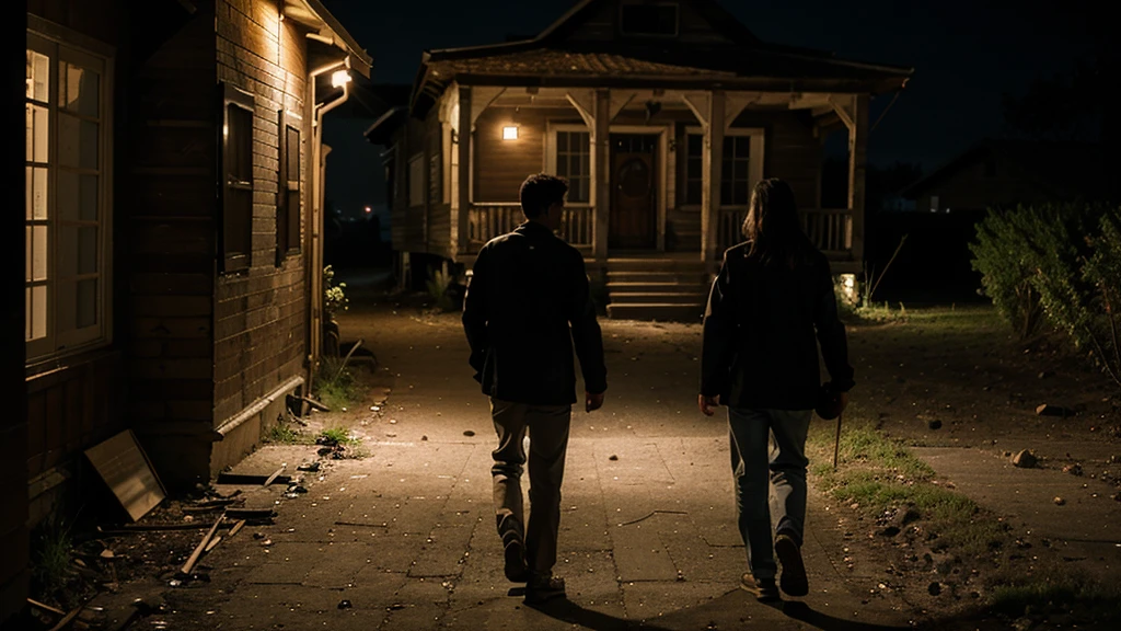 a man and a woman walking away from an old house at night
