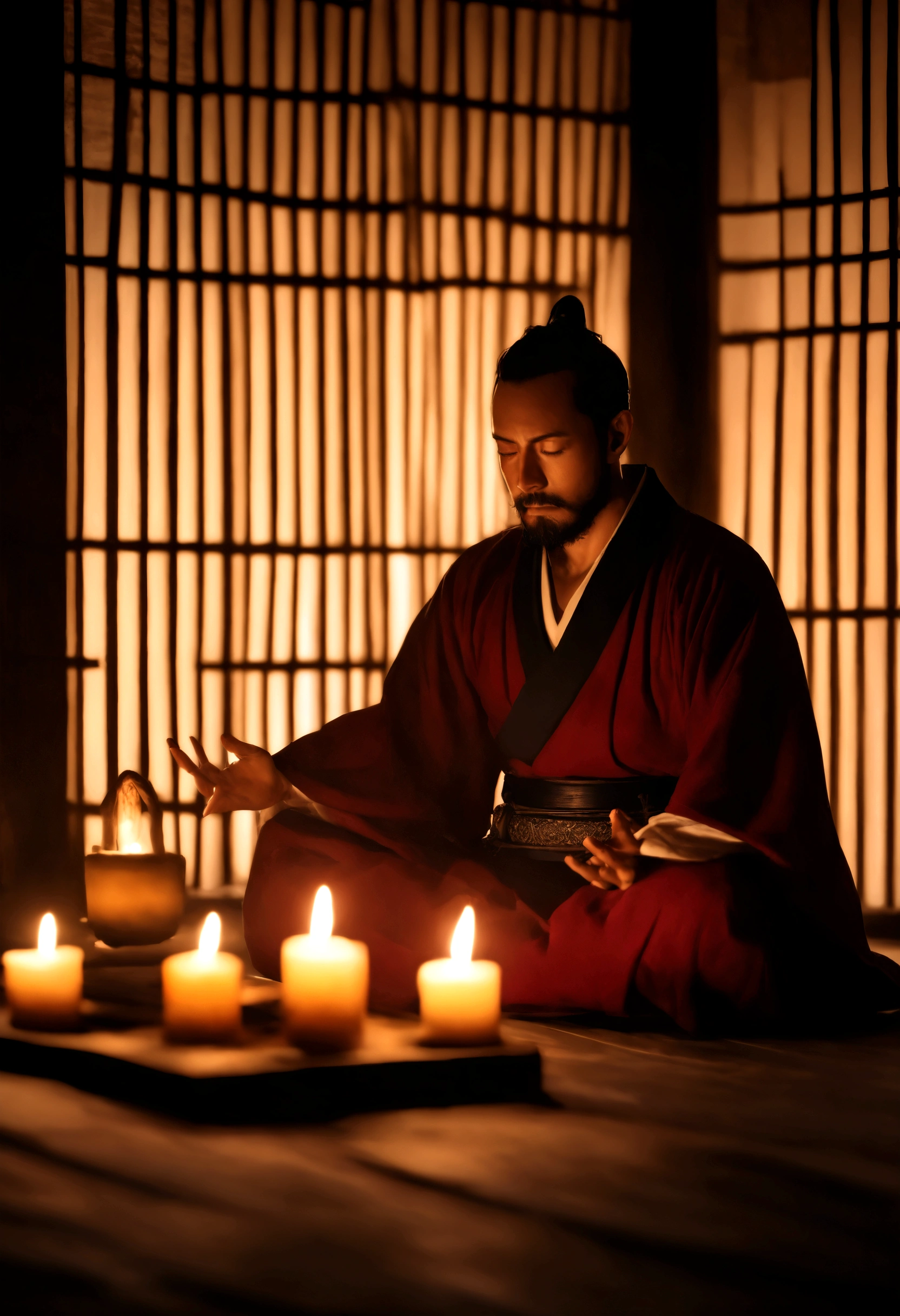 warrior: Man meditating by candlelight in a dark room, Candles to light up the atmosphere (First Job) (8K high resolution) (Highest quality) (Ultra high definition) (Surreal)(RAW Photos) (Realistic photos) (Bright lighting)1344X768 
