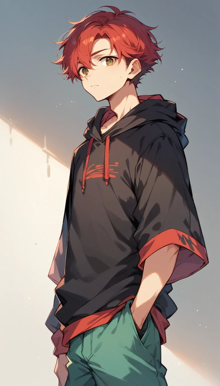 male character, red hair, hair a little long, Brown eyes, dressed in a black sweatshirt and only visible from the torso up 