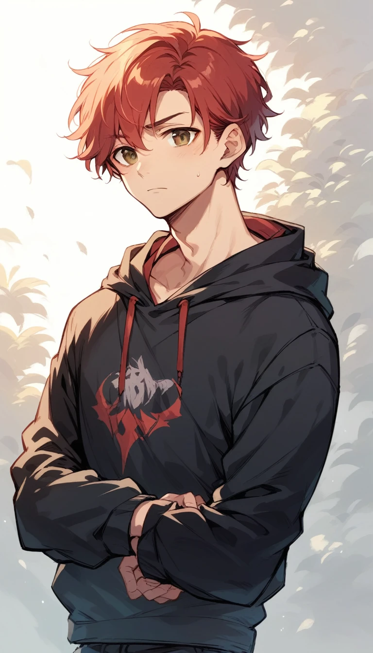 male character, red hair, hair a little long, Brown eyes, dressed in a black sweatshirt and only visible from the torso up