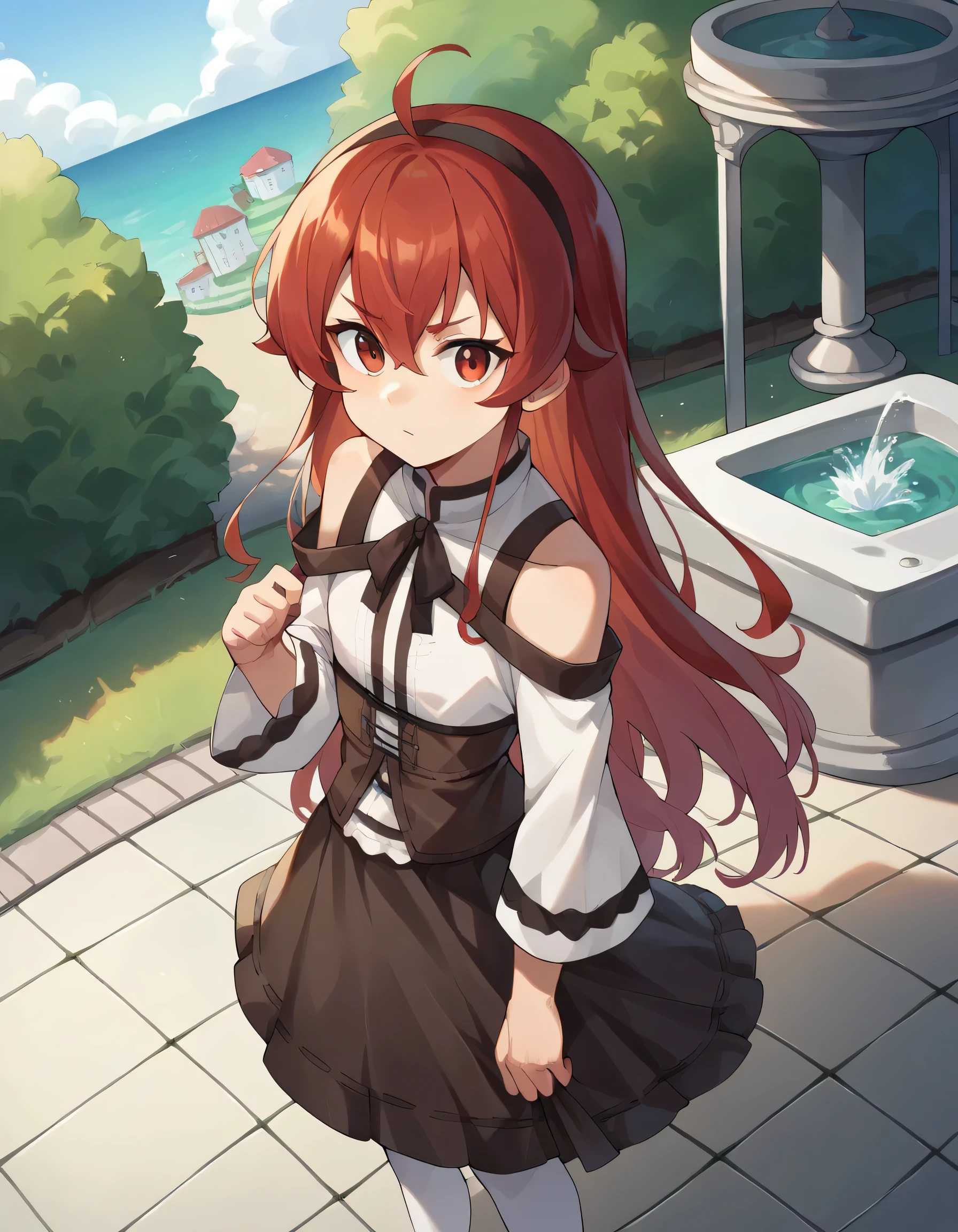 punctuation_9, punctuation_8_High above, punctuation_7_High above, fountain_アニメ,
erisgreyrat, you will turn gray, ahoge, hair between the eyes, long hair, Eyes red, Red hair, side locks,
black hair elastic, black cinta, brown overskirt, hair elastic, long sleeves, neck cinta, pantyhose, cinta, chemise, shoulder cutout, overskirt, white pantyhose, white chemise, wide sleeves,
plein-air, forst, naturey,
gazing at viewer, cowboy shot, dutch angle,