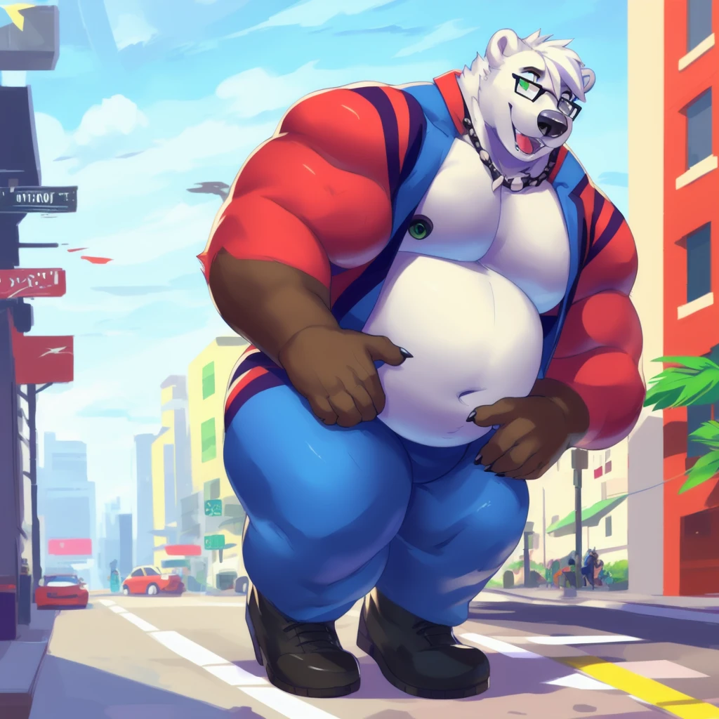 By mystikfox61, by glitter trap boy, by juiceps, by darkgem, solo, male, polar bear, white fur, green eyes, detailed eyes, detailed hands, muscular, overweight, musclegut, big biceps, smiling, glasses, wearing a full suit and tie, standing, street, outside, wonderful day out