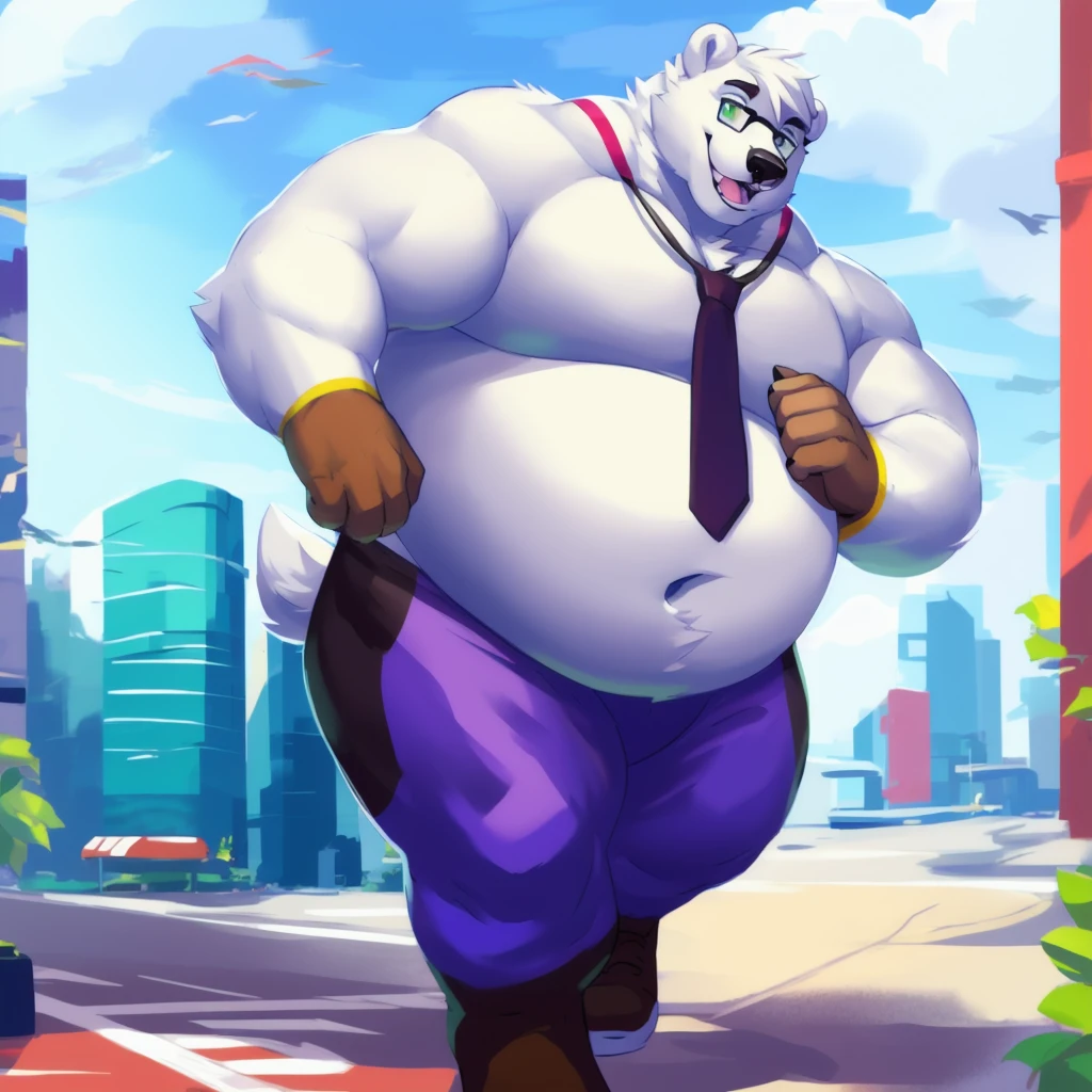 By mystikfox61, by glitter trap boy, by juiceps, by darkgem, solo, male, polar bear, white fur, green eyes, detailed eyes, detailed hands, muscular, overweight, musclegut, big biceps, smiling, glasses, wearing a full suit and tie, standing, street, outside, wonderful day out