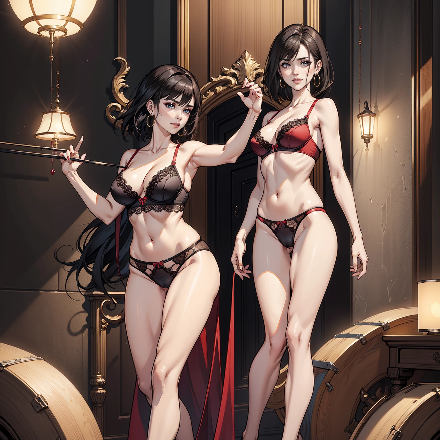Masterpiece, Professional, High Definition - quality, sharp focus, perfect artwork, Best Illustration, trending on artstation, UHD, 4k, full body, NSFW
high quality, high definition,1girl, solo, breasts, looking at viewer, looking from the side, looking back, medium smile, short hair, medium close mouth, black hair, navel, jewelry, medium breasts, underwear, standing full body, panties, earrings, bra, black eyes, lips, soft red wine transparent panties showing very little vaginal lips, makeup, highleg, slightly marked abdomen, underwear only, lingerie, soft red wine transparent bra showing her naked skin, lace, thong, hoop earrings, highleg panties, lace panties,score_9,score_8_up,score_7_up,source_anime,highres,fubuki,YAMATO