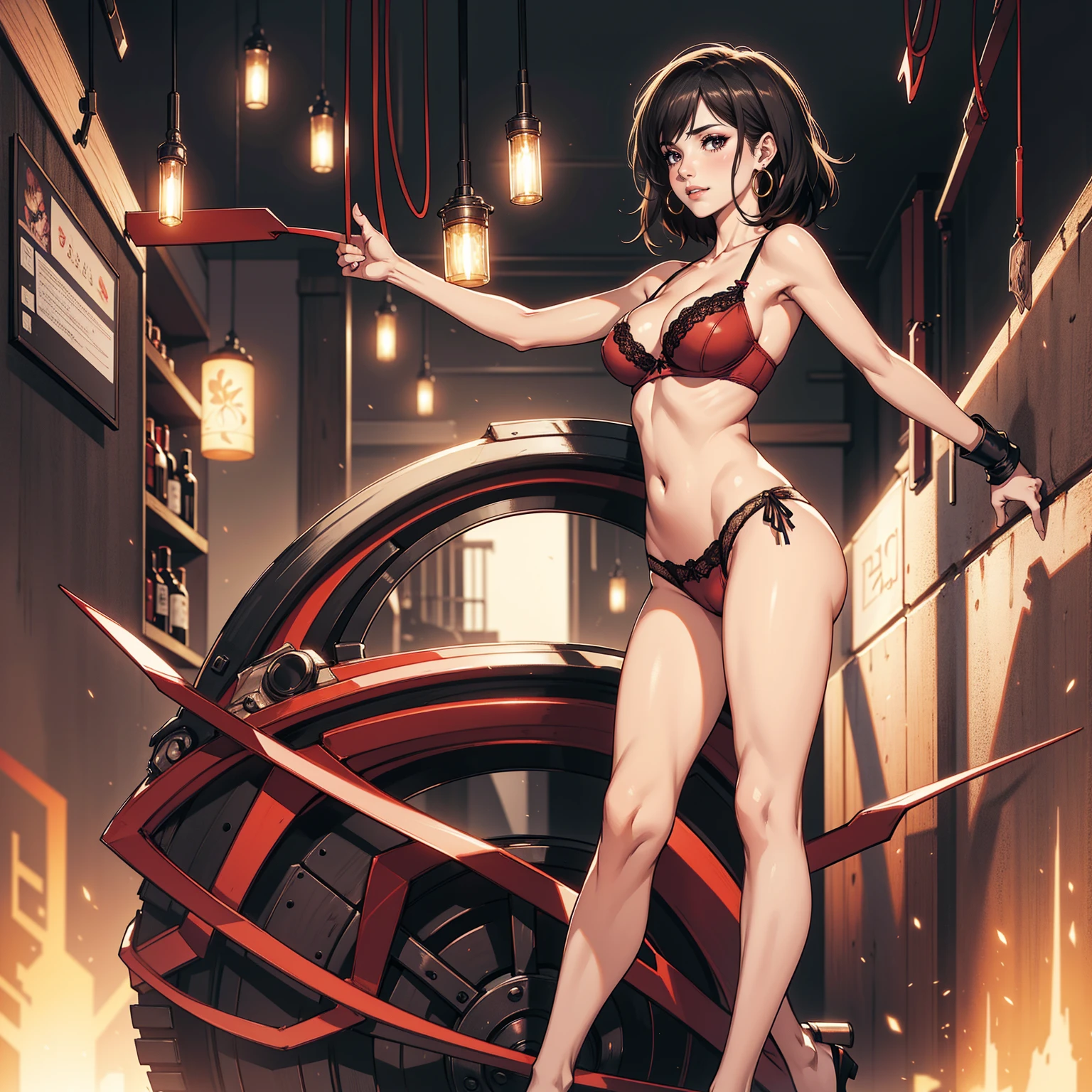 Masterpiece, Professional, High Definition - quality, sharp focus, perfect artwork, Best Illustration, trending on artstation, UHD, 4k, full body, NSFW
high quality, high definition,1girl, solo, breasts, looking at viewer, looking from the side, looking back, medium smile, short hair, medium close mouth, black hair, navel, jewelry, medium breasts, underwear, standing full body, panties, earrings, bra, black eyes, lips, soft red wine transparent panties showing very little vaginal lips, makeup, highleg, slightly marked abdomen, underwear only, lingerie, soft red wine transparent bra showing her naked skin, lace, thong, hoop earrings, highleg panties, lace panties,score_9,score_8_up,score_7_up,source_anime,highres,fubuki,YAMATO