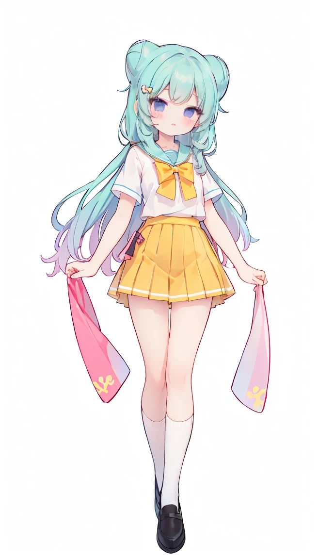 masterpiece, best quality, high resolution, aabeta, double, white simple background, standing, slim waist, cute, sailor uniform, pink bow tie, yellow skirt, kneehigh long socks, (PastelColors: 1.3), full body