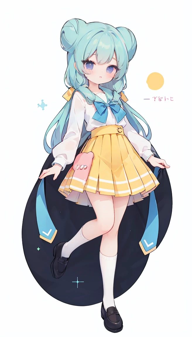 masterpiece, best quality, high resolution, aabeta, double, white simple background, standing, slim waist, cute, sailor uniform, pink bow tie, yellow skirt, kneehigh long socks, (PastelColors: 1.3), full body